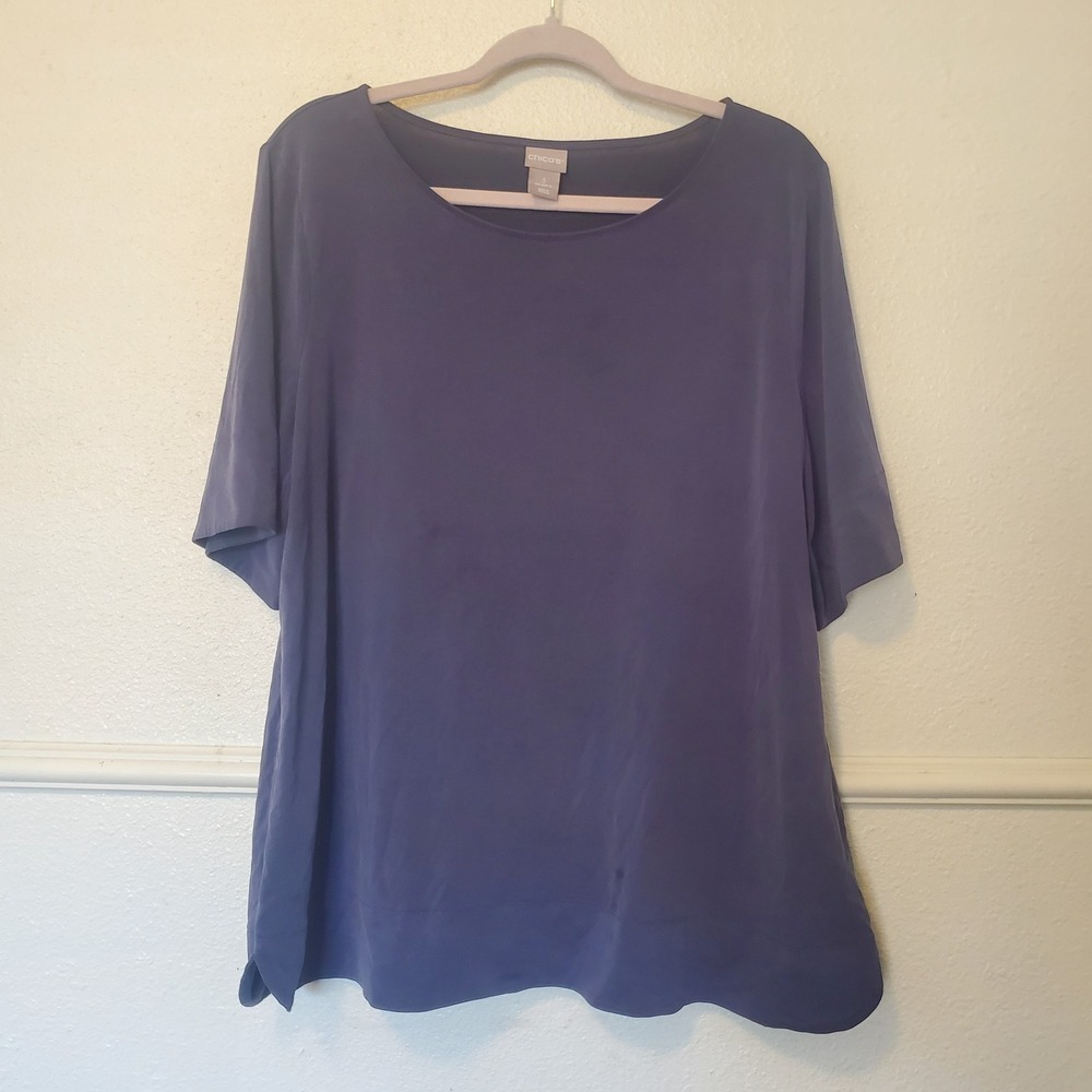 Chicos Mixed Media Short Sleeve Blouse Purple Slate Blue Modal Blend Size 3 XL
